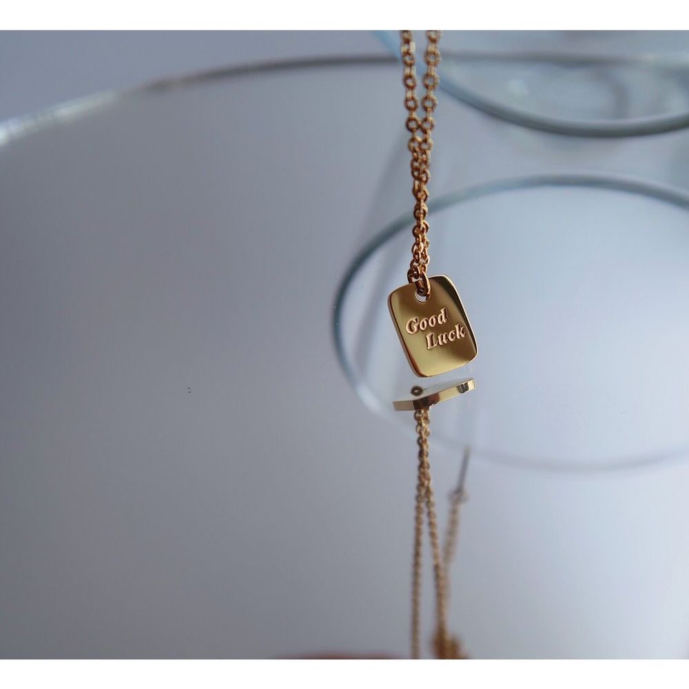18K Gold Plated Minimalistic Dainty Tag Good Luck Charm Necklace - Picture 3 of 7